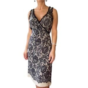 MOSCHINO Cheap and Chic Lace Print 100% Silk Surplice Sheath Dress • Size 8 🗣